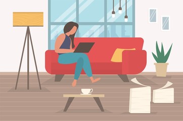 Freelance character working at home, work from home, self employed, home office, work at home, freedom conceptual illustration.