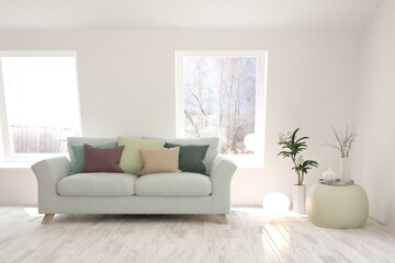 White living room with sofa and winter landscape in window. Scandinavian interior design. 3D illustration