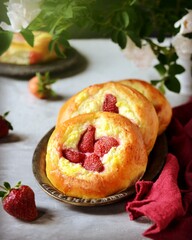 Homemade buns with cottage cheese and strawberries (cheesecakes) in a dish on a gray background, Russian cuisine