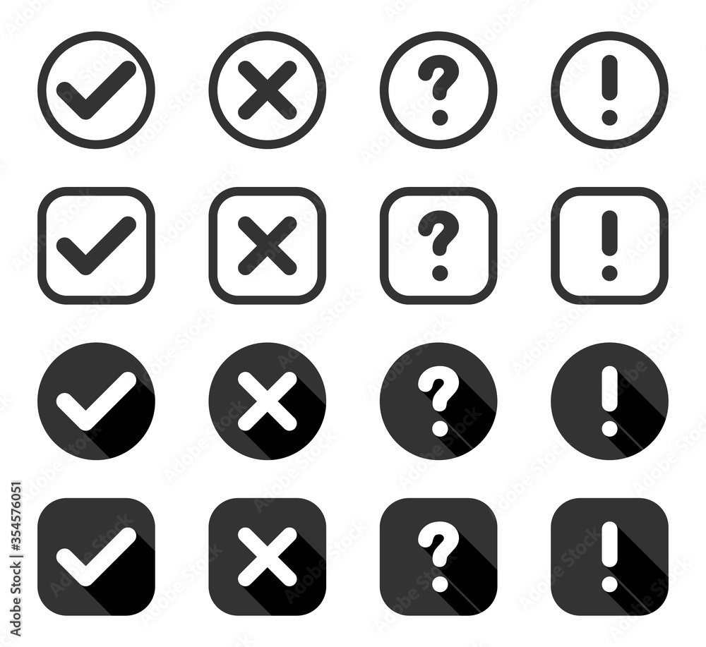 Poster buttons. check mark and cross with question and exclamation signs, isolated. signs collection in cir