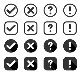 Buttons. Check mark and cross with question and exclamation signs, isolated. Signs collection in circle and square in flat style for web design. Vector illustration