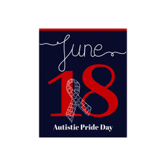 Calendar sheet, vector illustration on the theme of Autistic Pride Day on April 18. Decorated with a handwritten inscription  APRIL and stylized linear Ribbon, symbol of World Autism Awareness.