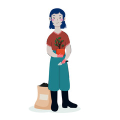 Girl holds a flower pot with a young tree for transplant. Gardening on the site. Greenhouse, growing plants in pots, soil bag, shoulder blade. Flat vector illustration. Isolated. White background.