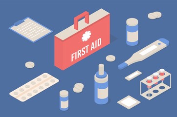 Fototapeta na wymiar First aid kit box with medical equipment isomertic icons.