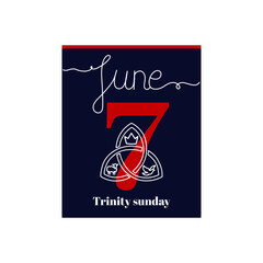 Calendar sheet, vector illustration on the theme of Trinity Sunday on June 7. Decorated with a handwritten inscription - JUNE and stylized linear Trinity symbol.