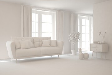 White minimalist living room with sofa. Scandinavian interior design. 3D illustration