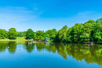 Obraz na płótnie Canvas A bathing pond in Hampstead Heath park in north-west London. UK