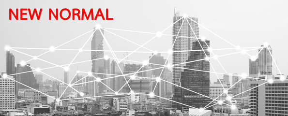 cityscape and building in capital city graphic connection communication with the word new normal...