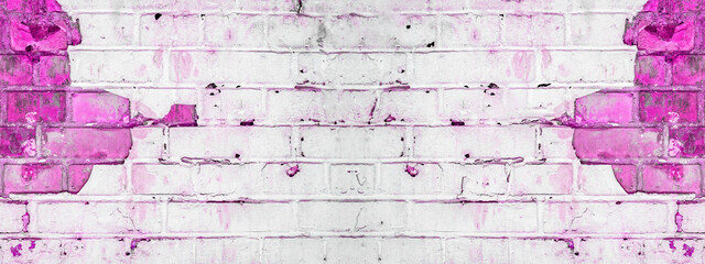 White neon pink abstract painted light damaged rustic brick wall masonry texture background banner...
