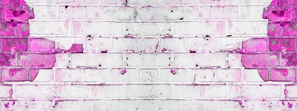 White neon pink abstract painted light damaged rustic brick wall masonry texture background banner panorama, with copy space