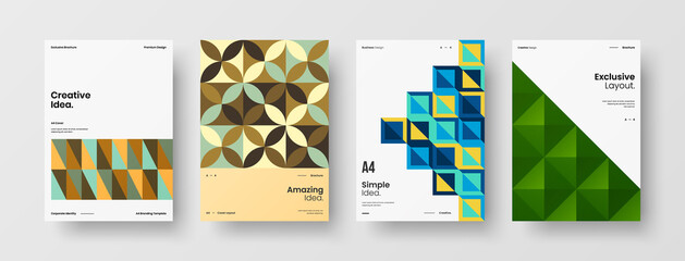 Naklejka premium Company identity brochure template collection. Business presentation vector A4 vertical orientation front page mock up set. Corporate report cover abstract geometric illustration design layout bundle.