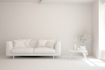 Mock up of minimalist living room in white color with sofa. Scandinavian interior design. 3D illustration