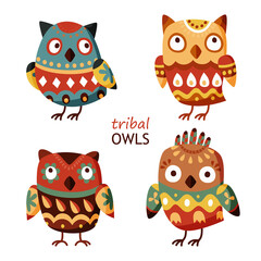 Set of cute indian owl. Collection of tribal owls on white background. Colorful animal characters for graphic design logo or decoration. Vector illustration in cartoon style
