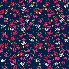 Cute floral pattern in the small flower. Ditsy print. Seamless vector texture. Elegant template for fashion prints. Printing with small red, pink and yellow flowers. Dark blue background.