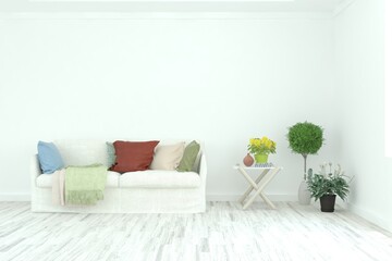 Obraz na płótnie Canvas Stylish room in white color with sofa. Scandinavian interior design. 3D illustration