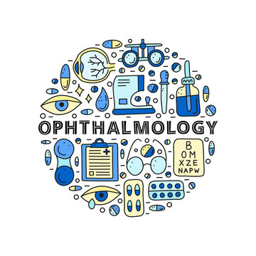 Doodle colored ophthalmology icons including runny eye, pipette bottle, cornea, blank clipboard, lens case, glasses, autorefractometer composed in circle shape.