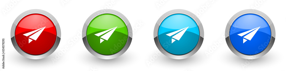 Poster paper plane silver metallic glossy icons, fly, flight, airplane concept set of modern design buttons