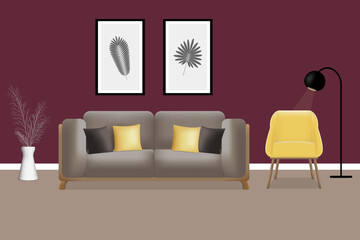 Cozy modern living room interior with a sofa and a yellow armchair