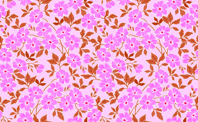 Trendy seamless vector floral pattern. Endless print made of small pink flowers and leaves. Summer and spring motifs. Light pink background. Vector illustration.