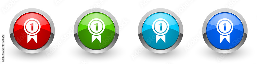 Aufkleber Victory silver metallic glossy icons, first, winner concept set of modern design buttons for web, internet and mobile applications in four colors options isolated on white background