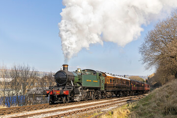 Fototapeta na wymiar GWR Large Prarie eases out of Keighley with the 12:10 service to Oxenhope on Friday 6th March 2020.