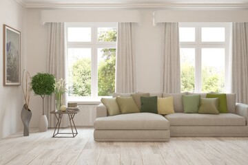 Minimalist living room in white color with sofa and summer landscape in window. Scandinavian interior design. 3D illustration