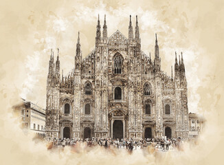 Milan Cathedral sketch drawing. Duomo di Milano and Piazza del Duomo in Milan, Lombardy, Italy