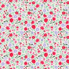 Einfaches niedliches Muster im kleinen Rosa, im Lila und im Rot und in den Blumen auf weißem grünem Hintergrund. Liberty-Stil. Kleiner Aufdruck. Nahtloser mit Blumenhintergrund. Die elegante Vorlage für Modedrucke.