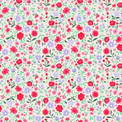 Foto op Plexiglas Kleine bloemen Eenvoudig schattig patroon in kleine roze, lila en rood en bloemen op een witte groene achtergrond. Vrijheidsstijl. Ditsy print. Bloemen naadloze achtergrond. De elegante sjabloon voor modeprints.