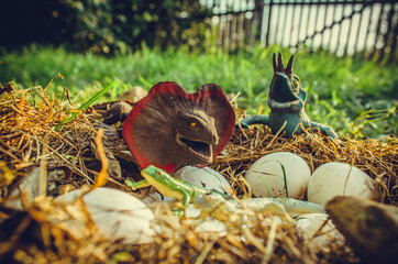 Toy dinosaurs and their nest