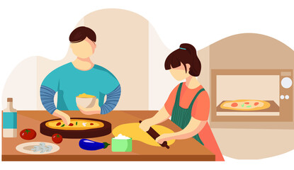 People cook pizza. The guy and the girl are making pizza. Home cooking. Pizza in the oven. The guy is cooking. The girl in an apron rolls out the dough