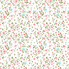 Uitstekende bloemenachtergrond. Naadloze vector patroon voor design en mode prints. Bloemenpatroon met kleine roze en rode bloemen op een lichte ivoren achtergrond. Ditsy stijl.