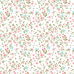 Fotobehang Kleine bloemen Uitstekende bloemenachtergrond. Naadloze vector patroon voor design en mode prints. Bloemenpatroon met kleine roze en rode bloemen op een lichte ivoren achtergrond. Ditsy stijl.