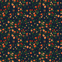 Vektornahtloses Muster. Hübsches Muster in kleiner Blume. Kleine orangefarbene Blüten. Dunkelblauer Hintergrund. Ditsy Blumenhintergrund. Die elegante Vorlage für Modedrucke.