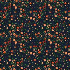 Foto op Plexiglas Kleine bloemen Vector naadloos patroon. Mooi patroon in kleine bloem. Kleine oranjekleurige bloemen. Donkerblauwe achtergrond. Ditsy bloemenachtergrond. De elegante sjabloon voor modeprints.