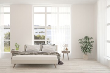 White bedroom interior. Scandinavian design. 3D illustration