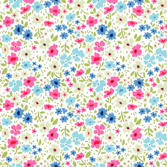 Simple cute pattern in small pink and light blue flowers on white background. Liberty style. Ditsy print. Floral seamless background. The elegant the template for fashion prints.