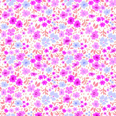 Fototapeta na wymiar Vintage floral background. Seamless vector pattern for design and fashion prints. Flowers pattern with small pink and lilac flowers on a white background. Ditsy style.