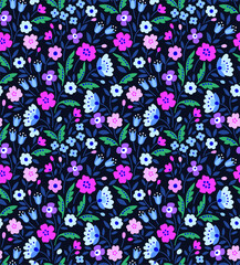 Vintage floral background. Seamless vector pattern for design and fashion prints. Flowers pattern with small purple and lilac flowers on a dark blue background. Ditsy style.