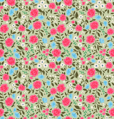 Floral pattern. Pretty flowers on gray  background. Printing with small rose colour flowers. Ditsy print. Seamless vector texture. Spring bouquet.