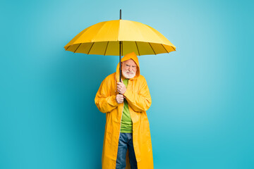 Portrait of his he dissatisfied irritated annoyed grey-haired man mushroomer wearing yellow overcoat dislike bad weather cyclone isolated over bright vivid shine vibrant blue color background © deagreez