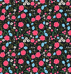 Cute floral pattern in the small flower. Ditsy print. Seamless vector texture. Elegant template for fashion prints. Printing with small pink and light blue flowers. Black background.
