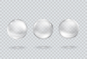 Bubble underwater set isolated on transparent background. Vector gas, foam or oxygen bubbles flying in air or under water. Realistic clear glass balls template.