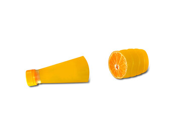 bottle of juice made from fresh sliced orange isolated on white background