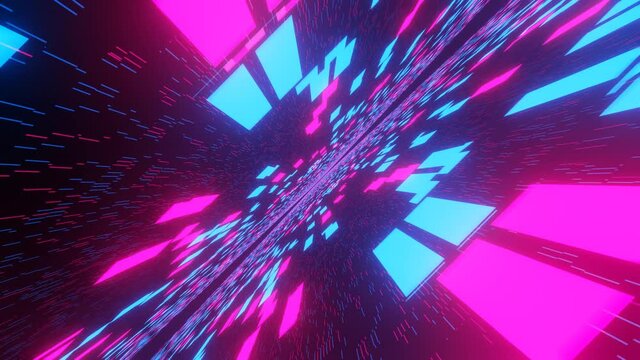 Retro-futuristic colorful 4K synthwave loop flying into brick sky. Sci-fi vintage technology abstract seamless motion render background for games, music, internet, speed, club