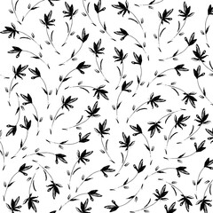 Seamless black and white floral pattern. Cute flower pattern. Ink painted flower background