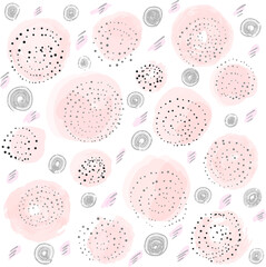 Cute vector pattern with round dotted elements and pink circles. Hand drawn pattern with round shapes in pastel pink color and black and grey dots texture on white background.
