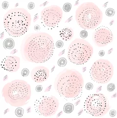  Cute vector pattern with round dotted elements and pink circles. Hand drawn pattern with round shapes in pastel pink color and black and grey dots texture on white background. © YanaKlg