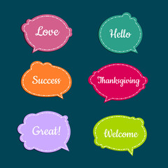set of colorful sticker with short message, hand drawn set of doodle bubble speech for chat symbol, dialog word, tag or label