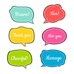 set of colorful sticker with short message, hand drawn set of doodle bubble speech for chat symbol, dialog word, tag or label